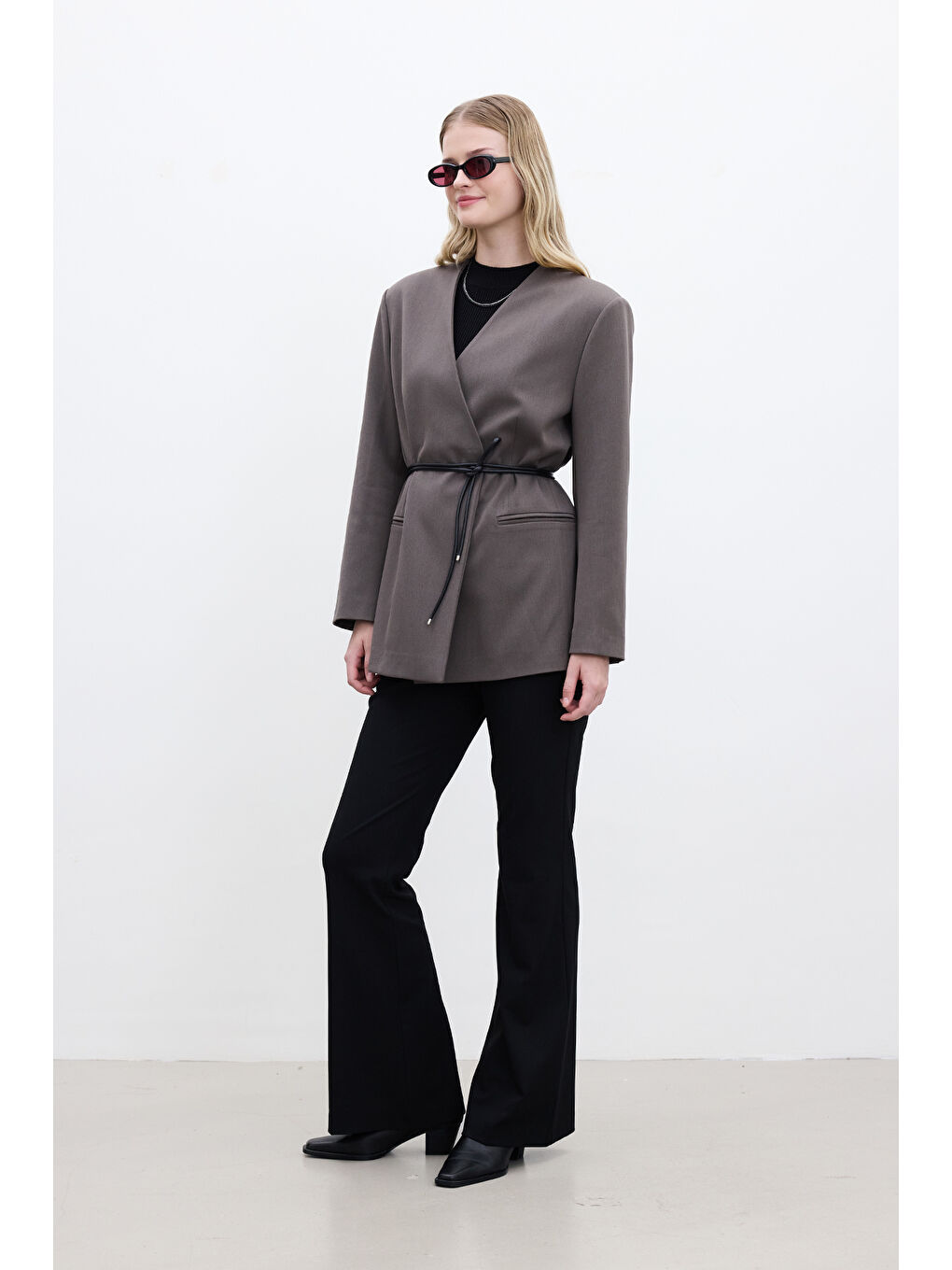 Bej Klasik Görünüm Kemerli Blazer Ceket Vizon-5