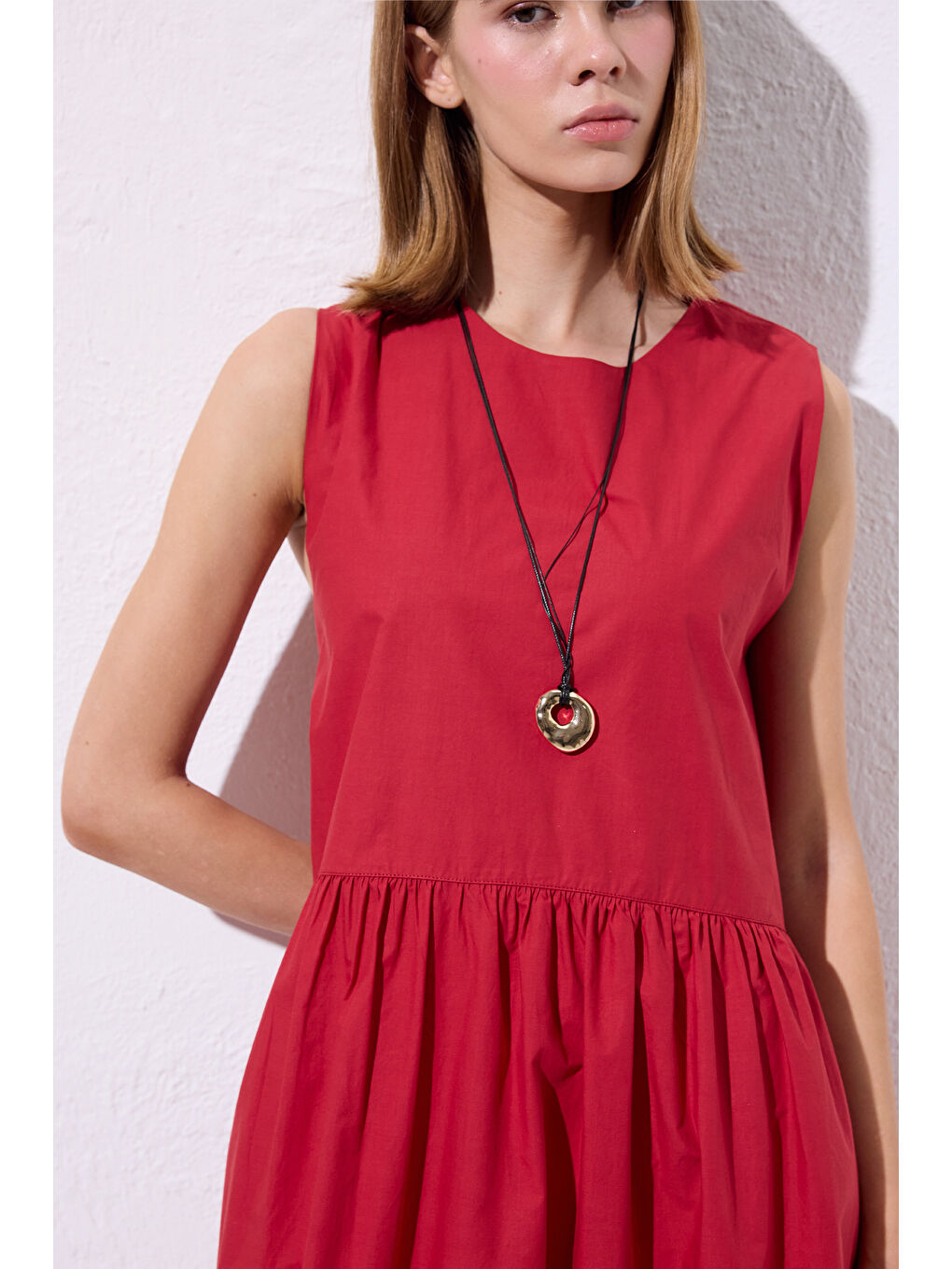 Kemer Ayarlamalı Poplın Elbise Kırmızı-5