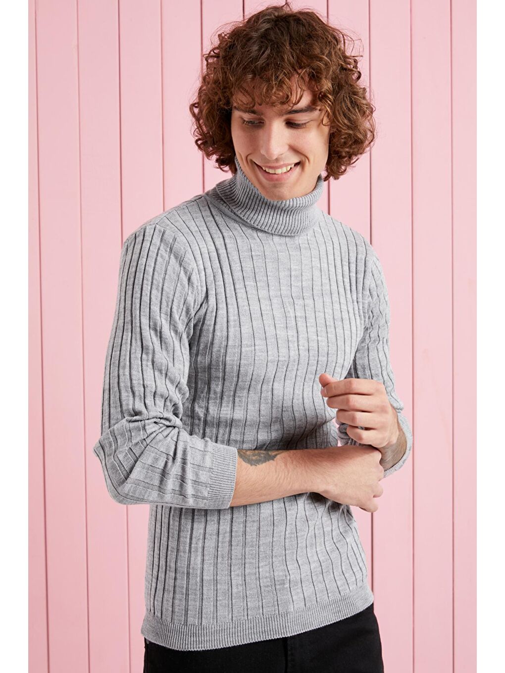 Erkek Gri Balıkçı Yaka Fitilli Basic Triko Kazak-4