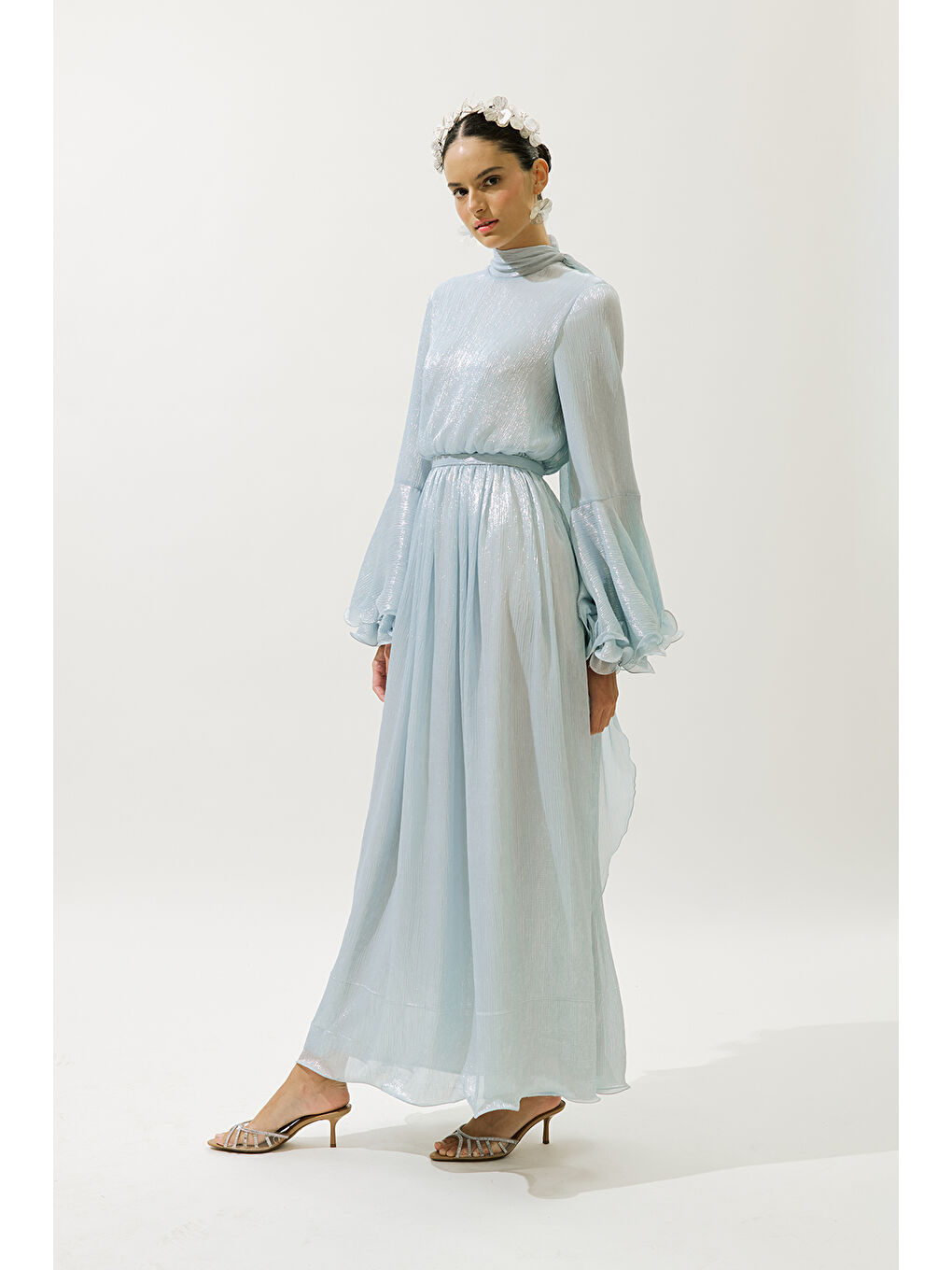 Geniş Kol Volanlı Elbise Mavi-4