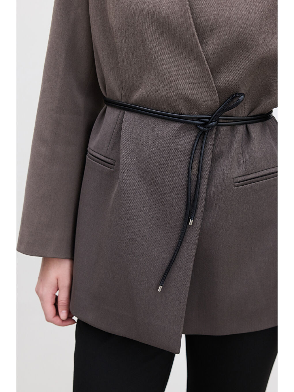 Bej Klasik Görünüm Kemerli Blazer Ceket Vizon-6