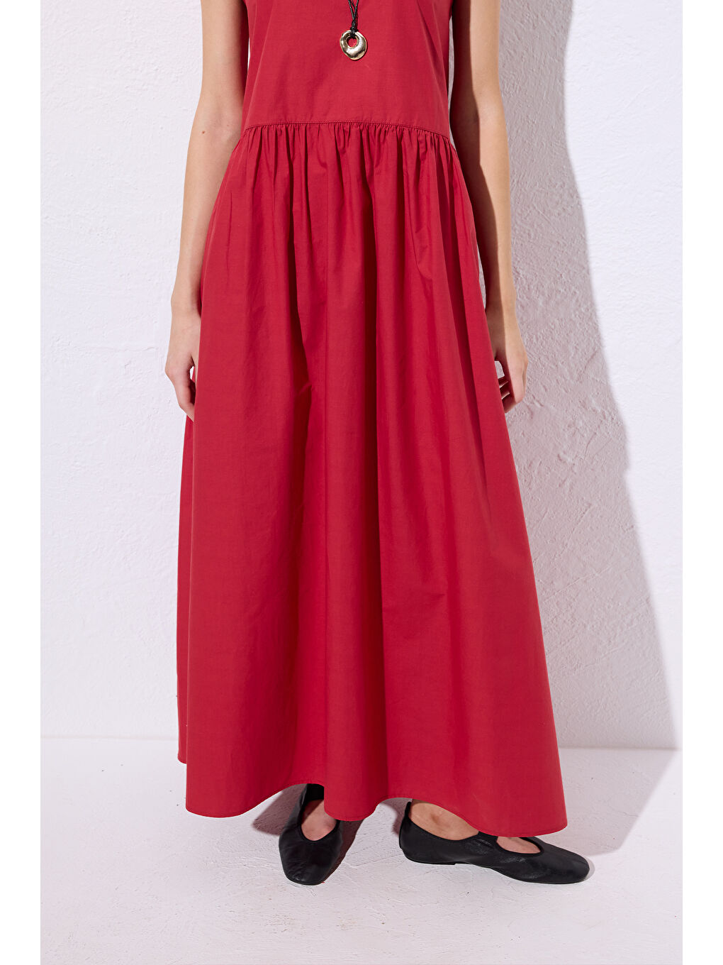 Kemer Ayarlamalı Poplın Elbise Kırmızı-6