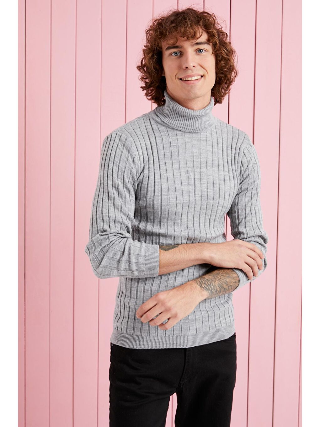 Erkek Gri Balıkçı Yaka Fitilli Basic Triko Kazak-3