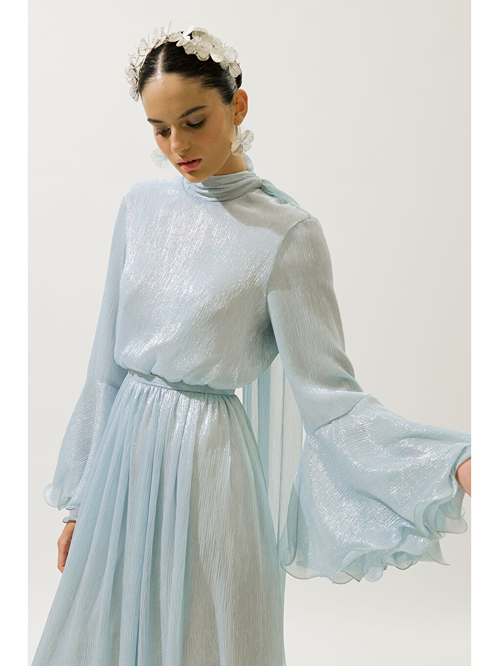 Geniş Kol Volanlı Elbise Mavi-5