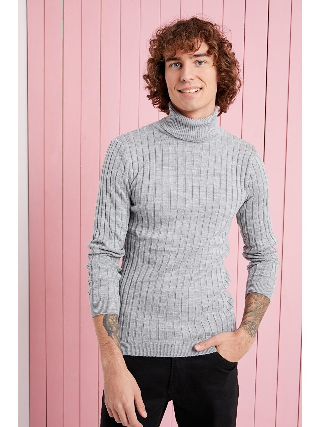 Erkek Gri Balıkçı Yaka Fitilli Basic Triko Kazak-2