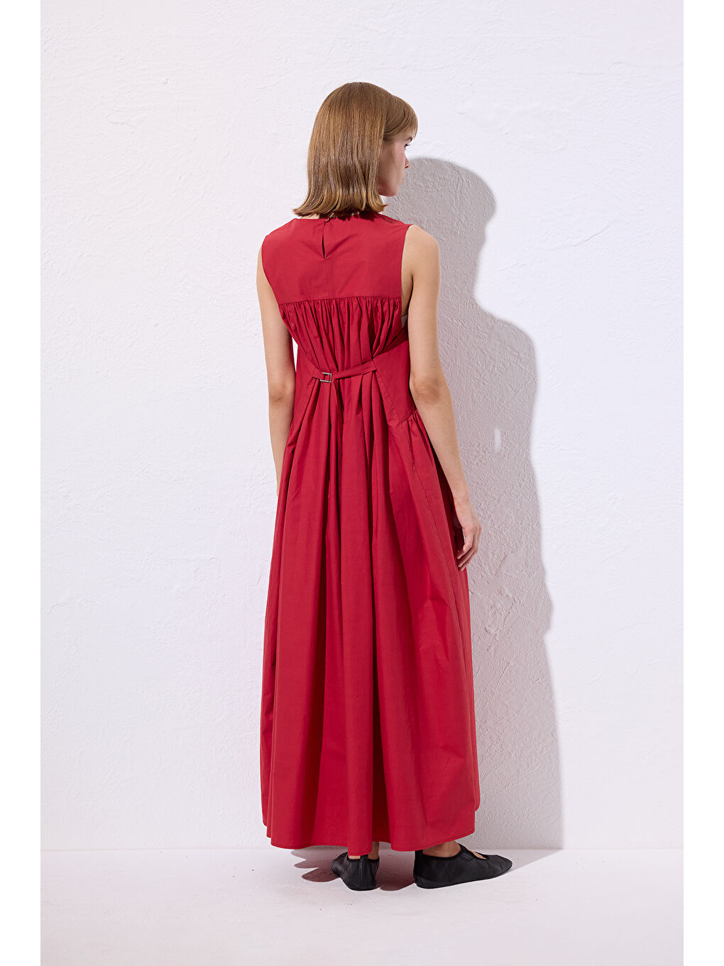 Kemer Ayarlamalı Poplın Elbise Kırmızı-7