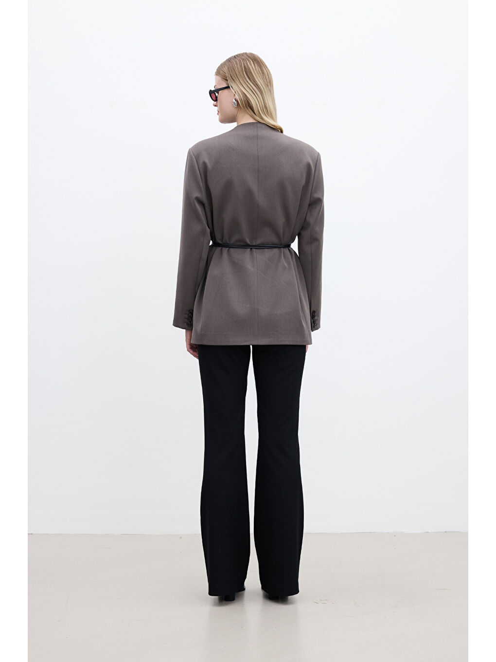 Bej Klasik Görünüm Kemerli Blazer Ceket Vizon-7