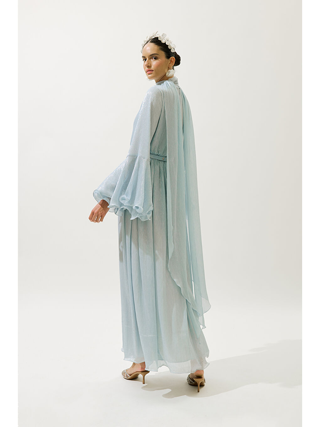 Geniş Kol Volanlı Elbise Mavi-6