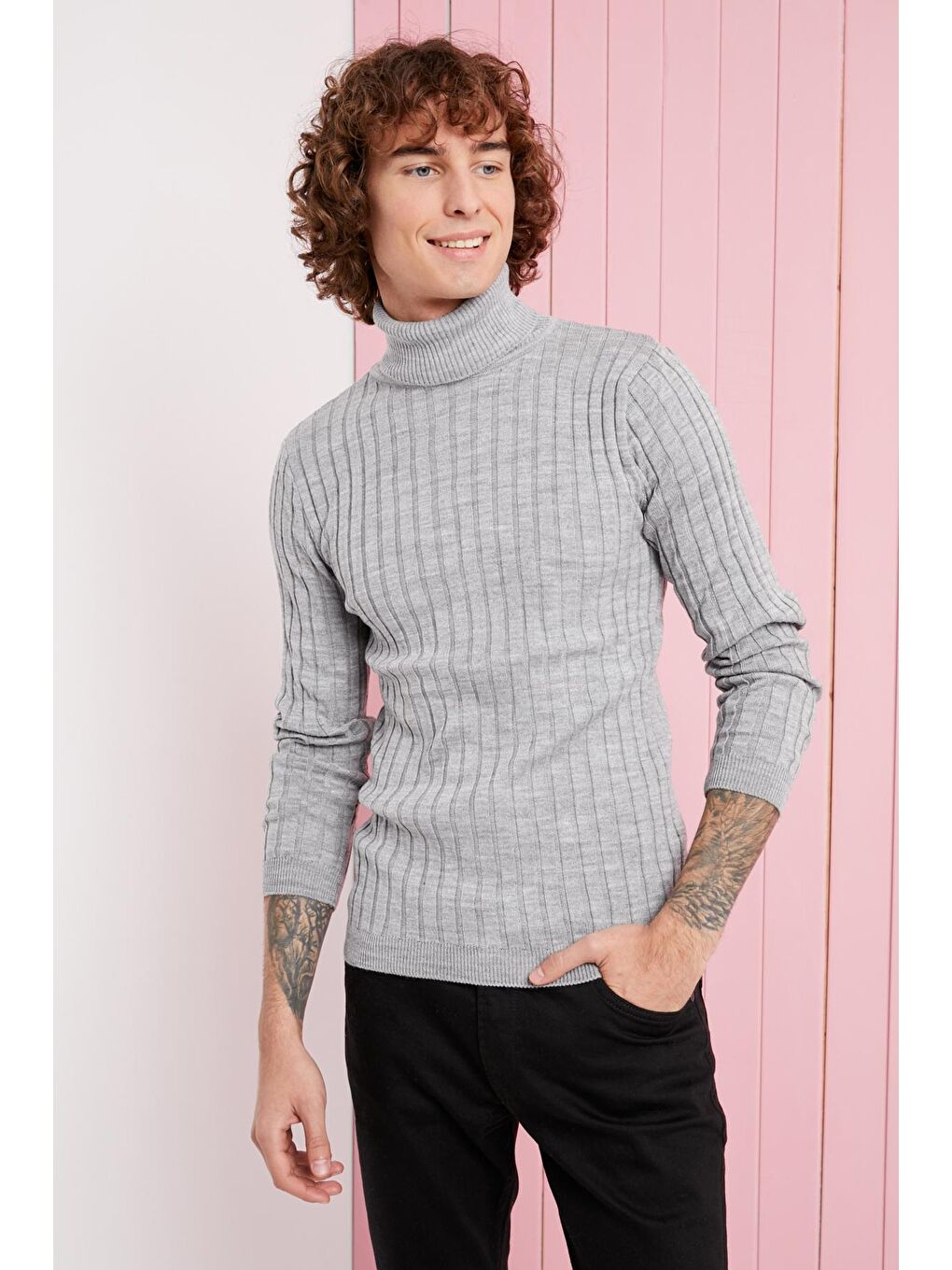 Erkek Gri Balıkçı Yaka Fitilli Basic Triko Kazak-1