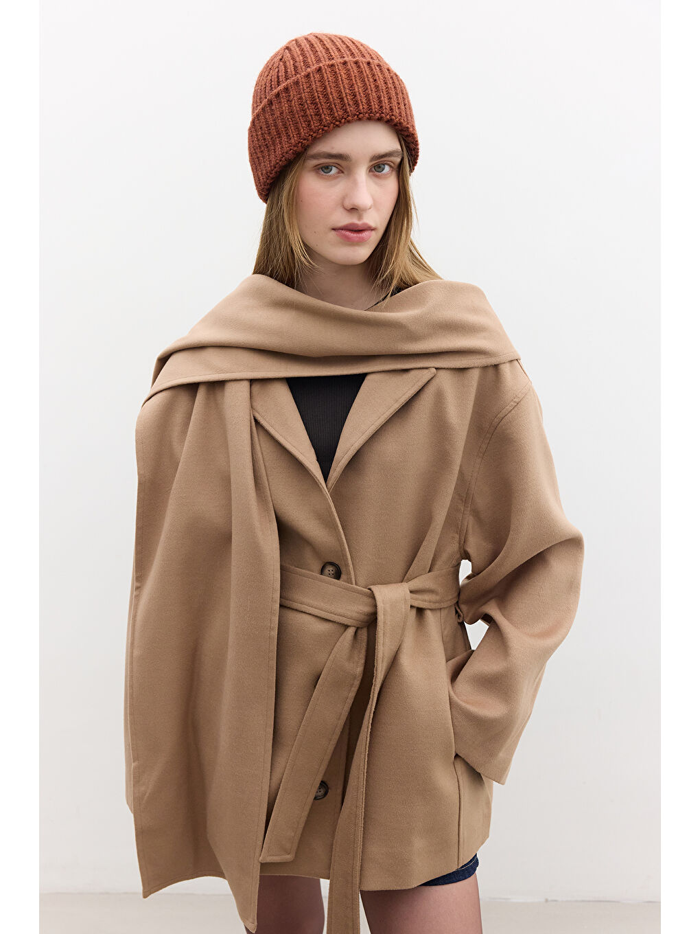 Kahverengi Şal Yakalı Kaşe Kaban Camel-1