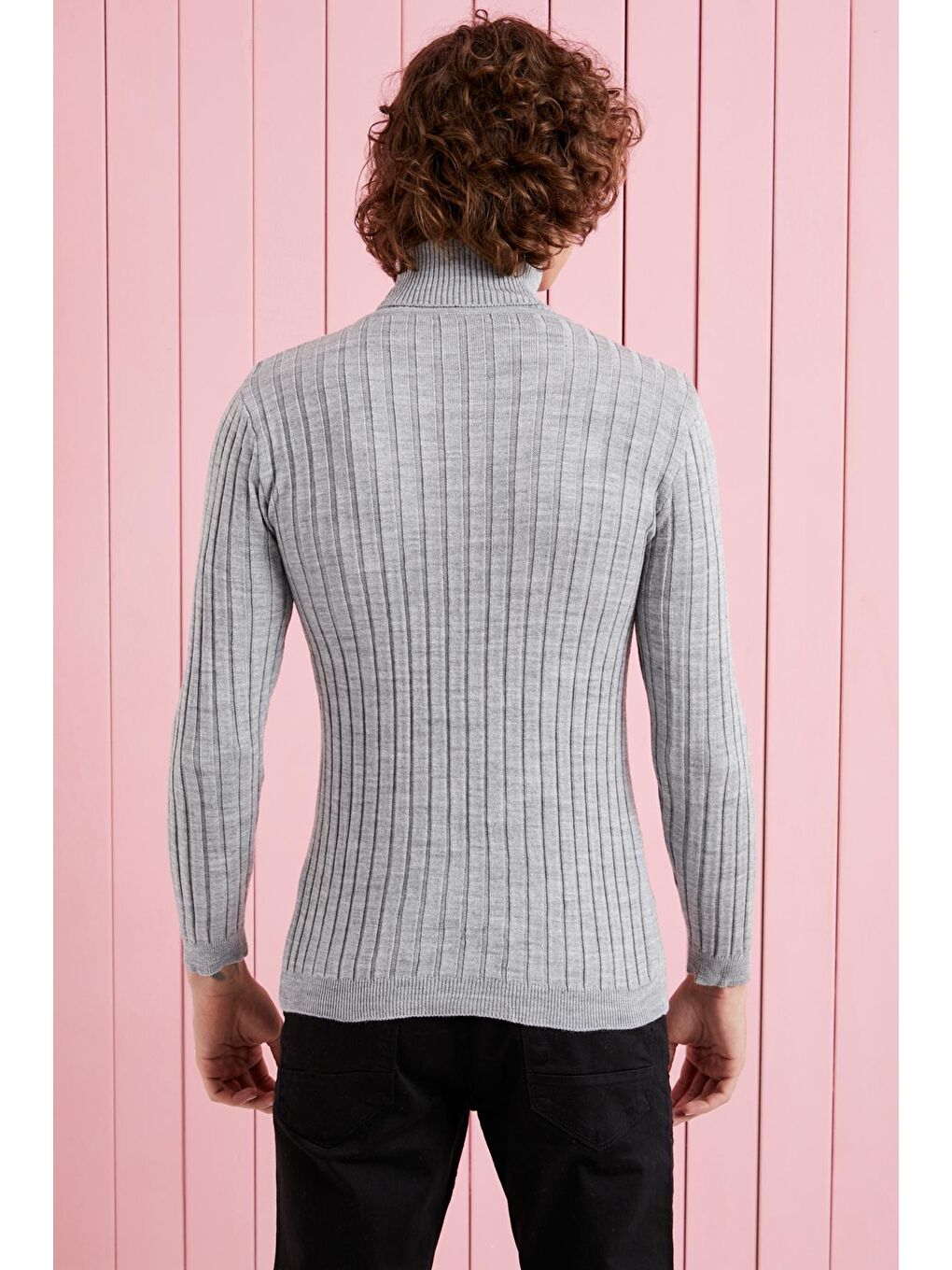 Erkek Gri Balıkçı Yaka Fitilli Basic Triko Kazak