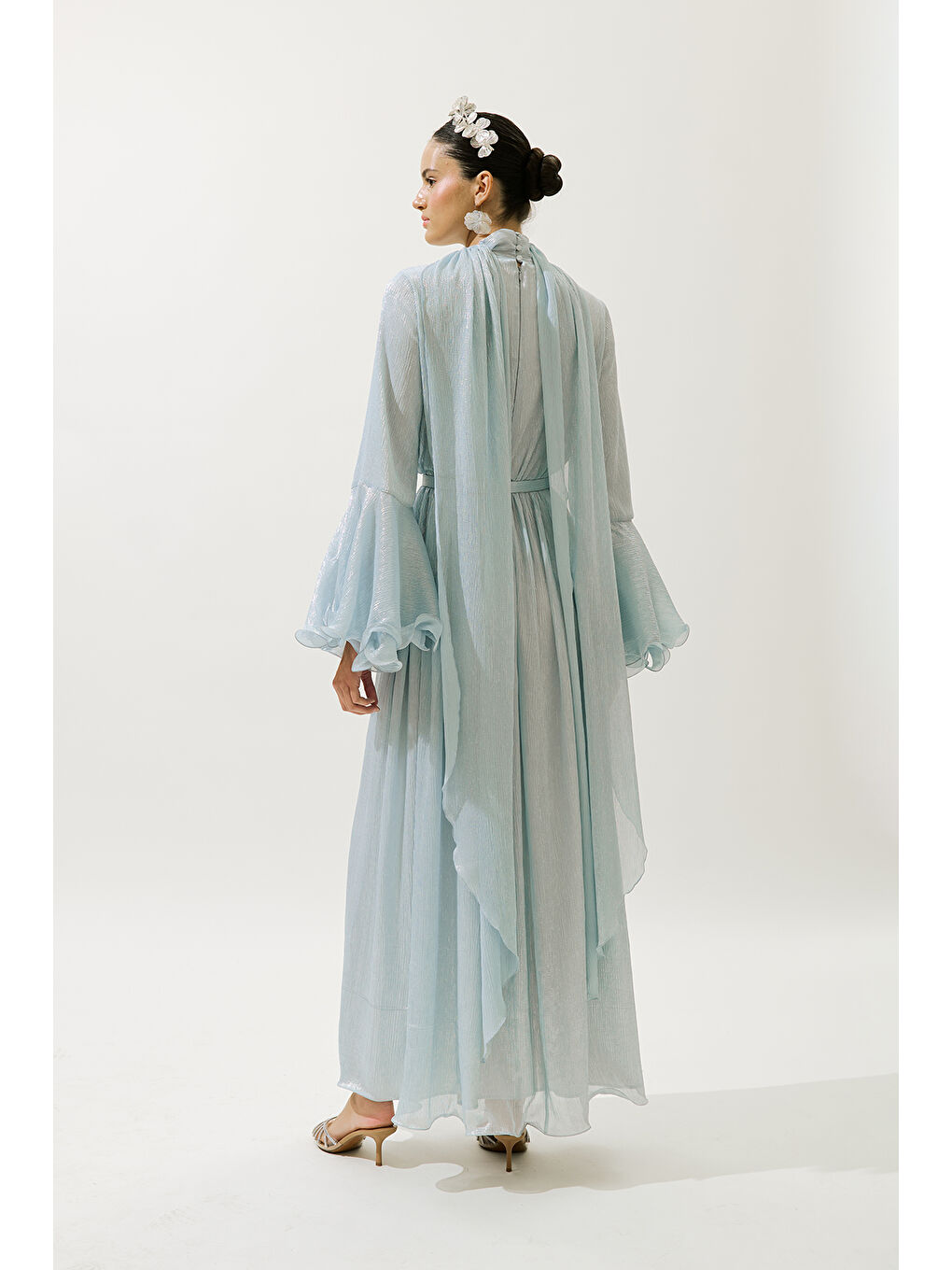 Geniş Kol Volanlı Elbise Mavi-7