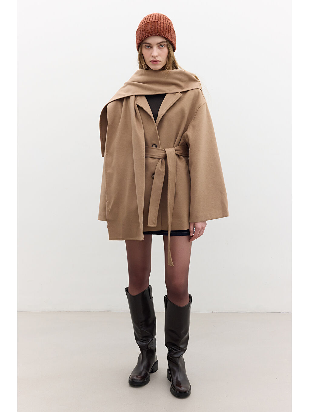 Kahverengi Şal Yakalı Kaşe Kaban Camel-2