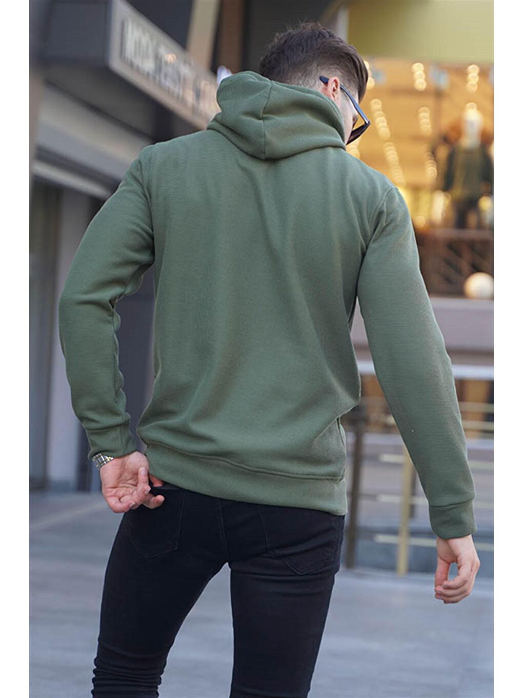Haki Yeşili Kapüşonlu Basic Erkek Hoodie 6014-1