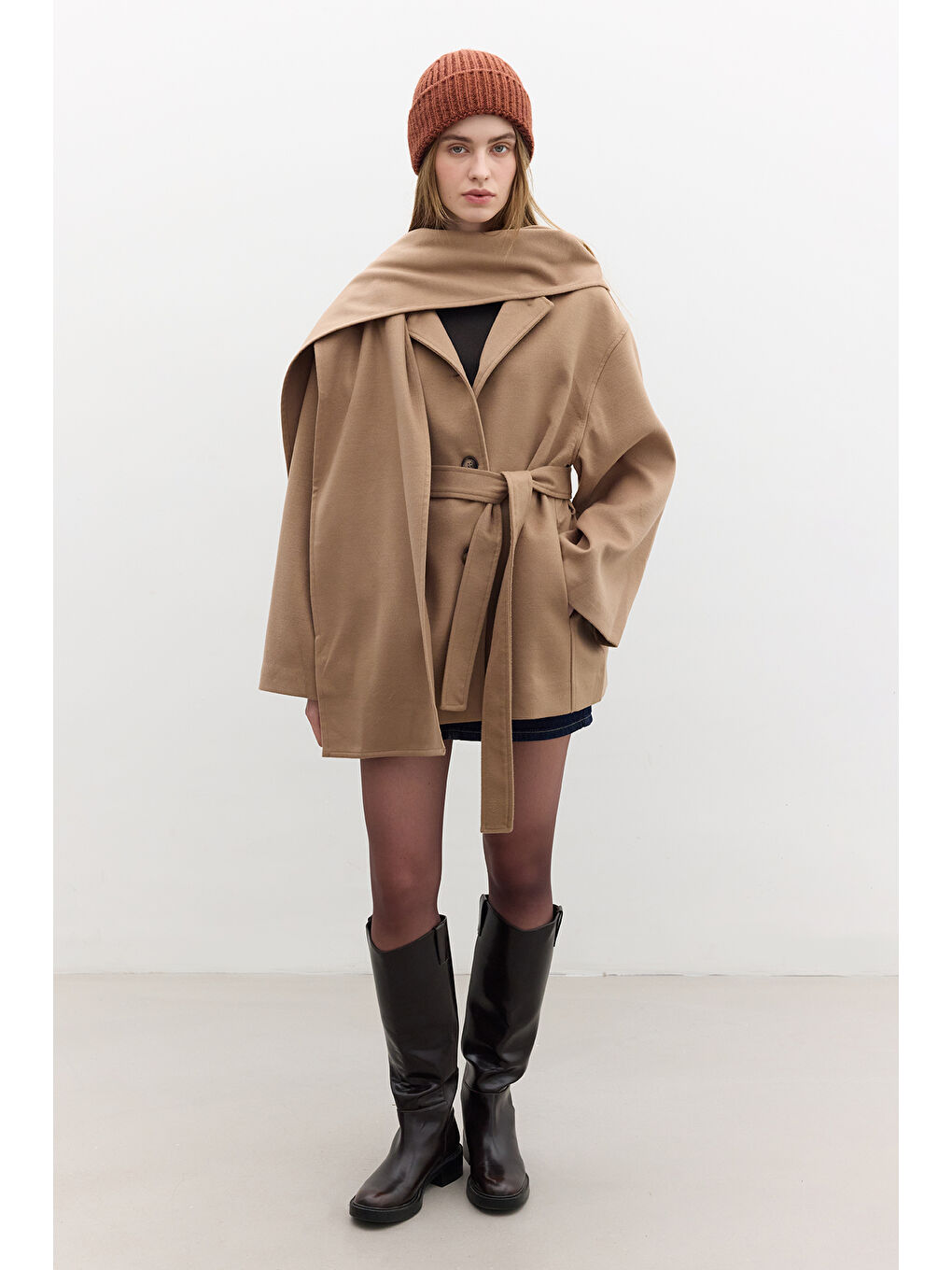 Kahverengi Şal Yakalı Kaşe Kaban Camel-3