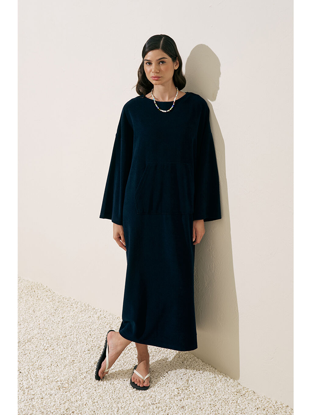 Havlu Kumaş Rahat Elbise Lacivert