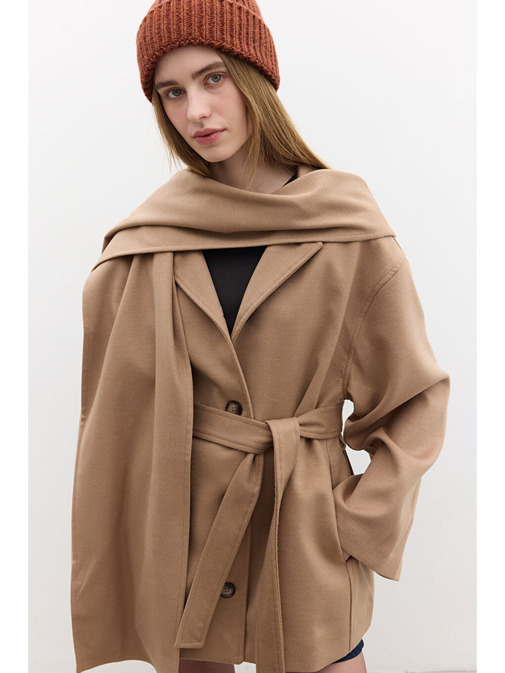 Kahverengi Şal Yakalı Kaşe Kaban Camel-4