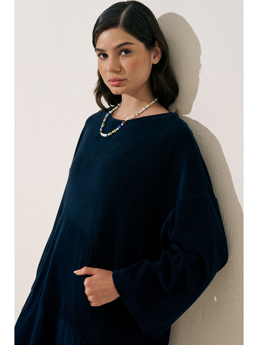 Havlu Kumaş Rahat Elbise Lacivert-1