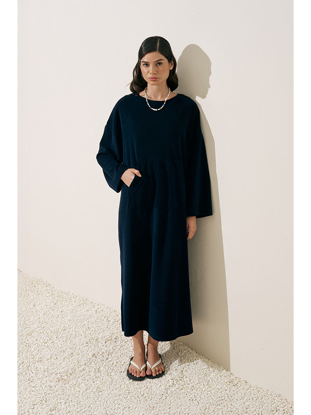 Havlu Kumaş Rahat Elbise Lacivert-2