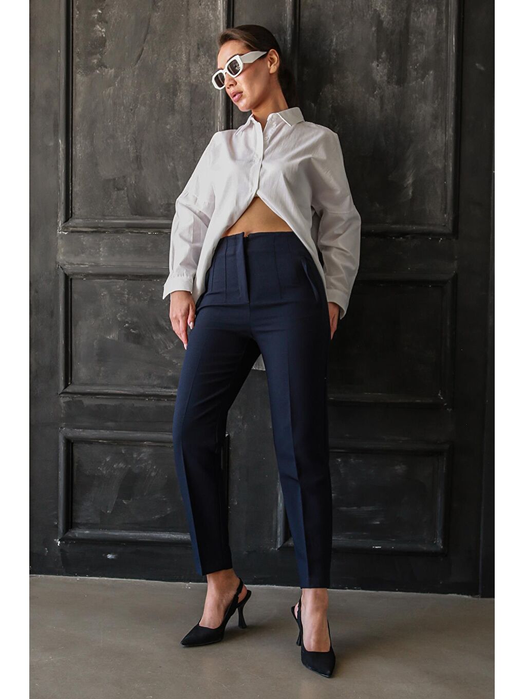 Lacivert Önü Biyeli Yüksek Bel Kadın Pantolon Mg2425-1