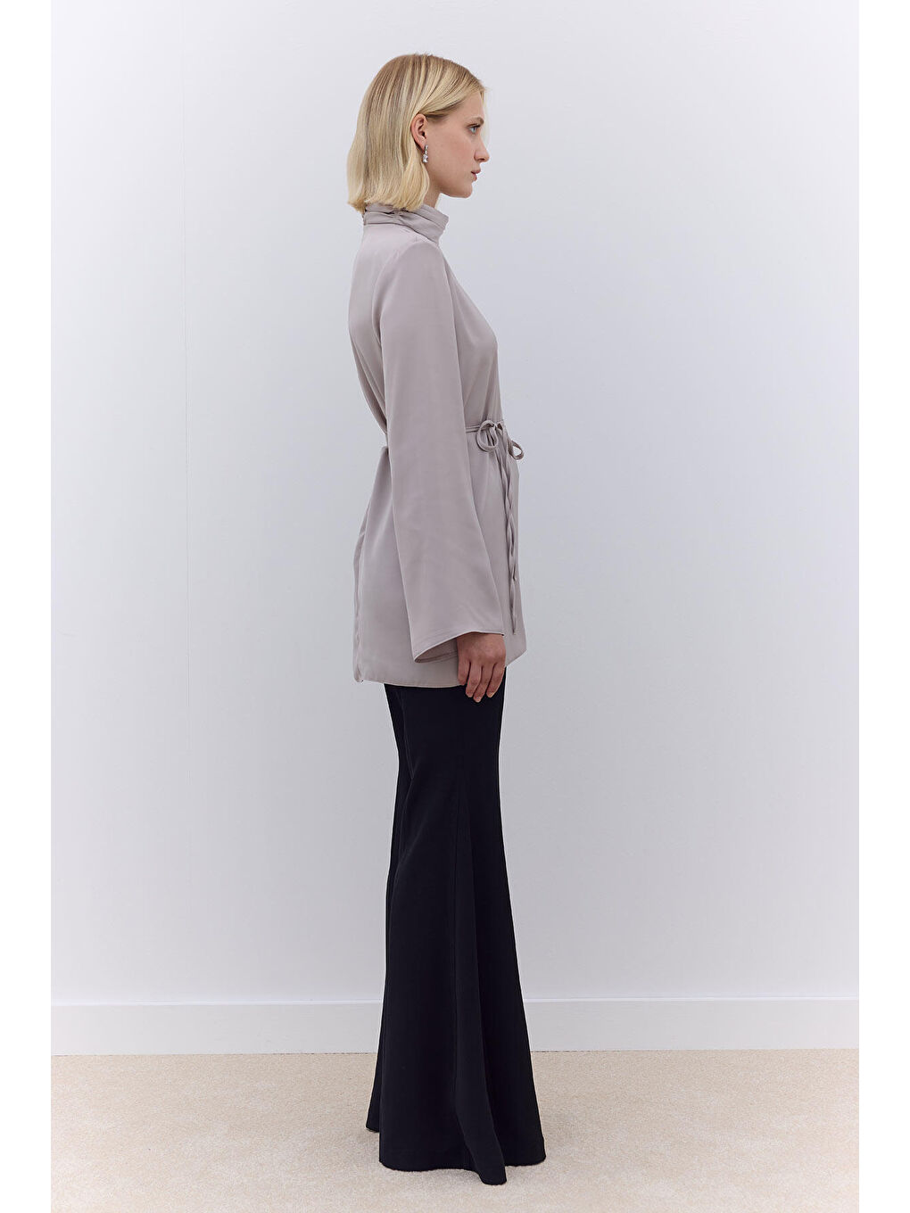 Gri Saten Geniş Kol Tunik Gümüş-2