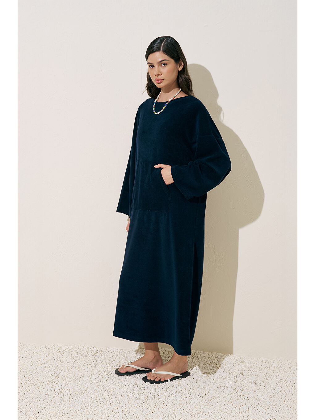 Havlu Kumaş Rahat Elbise Lacivert-3