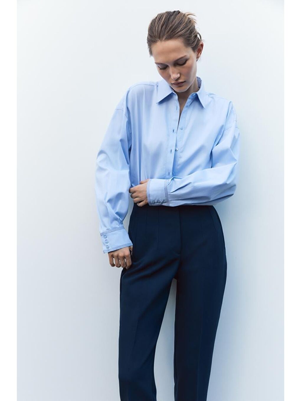 Lacivert Önü Biyeli Yüksek Bel Kadın Pantolon Mg2425-3