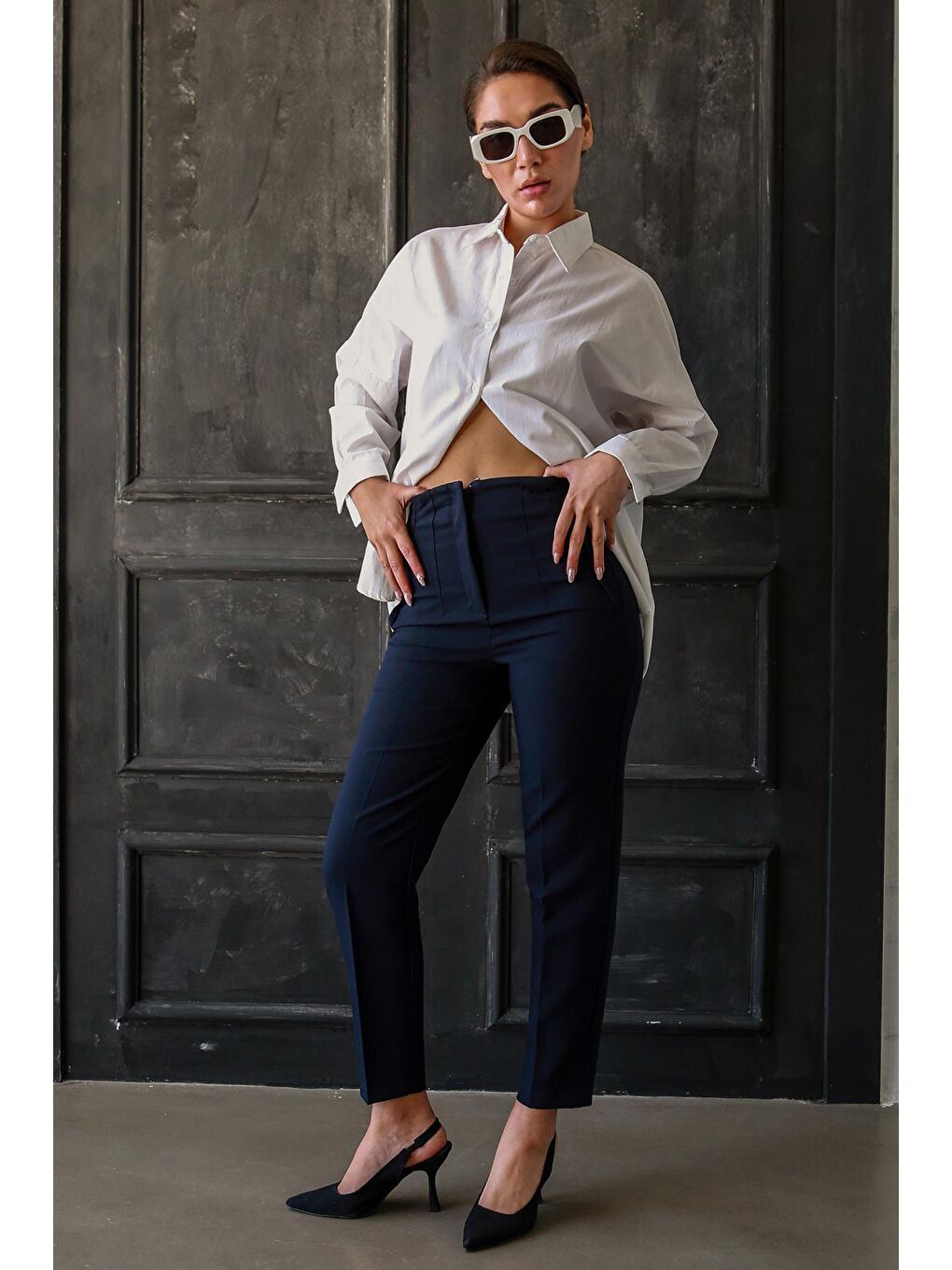 Lacivert Önü Biyeli Yüksek Bel Kadın Pantolon Mg2425-4