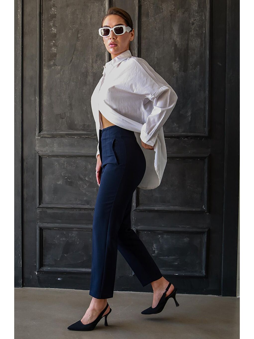 Lacivert Önü Biyeli Yüksek Bel Kadın Pantolon Mg2425-5