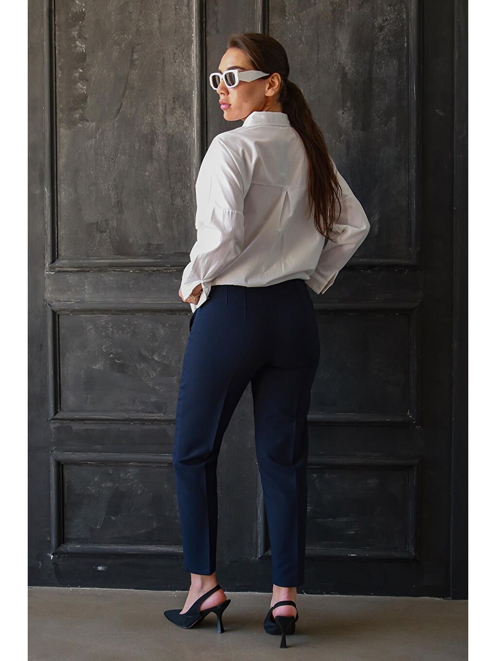 Lacivert Önü Biyeli Yüksek Bel Kadın Pantolon Mg2425-6