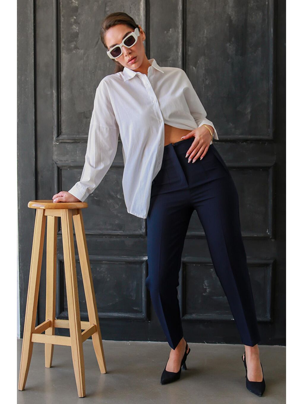 Lacivert Önü Biyeli Yüksek Bel Kadın Pantolon Mg2425-7