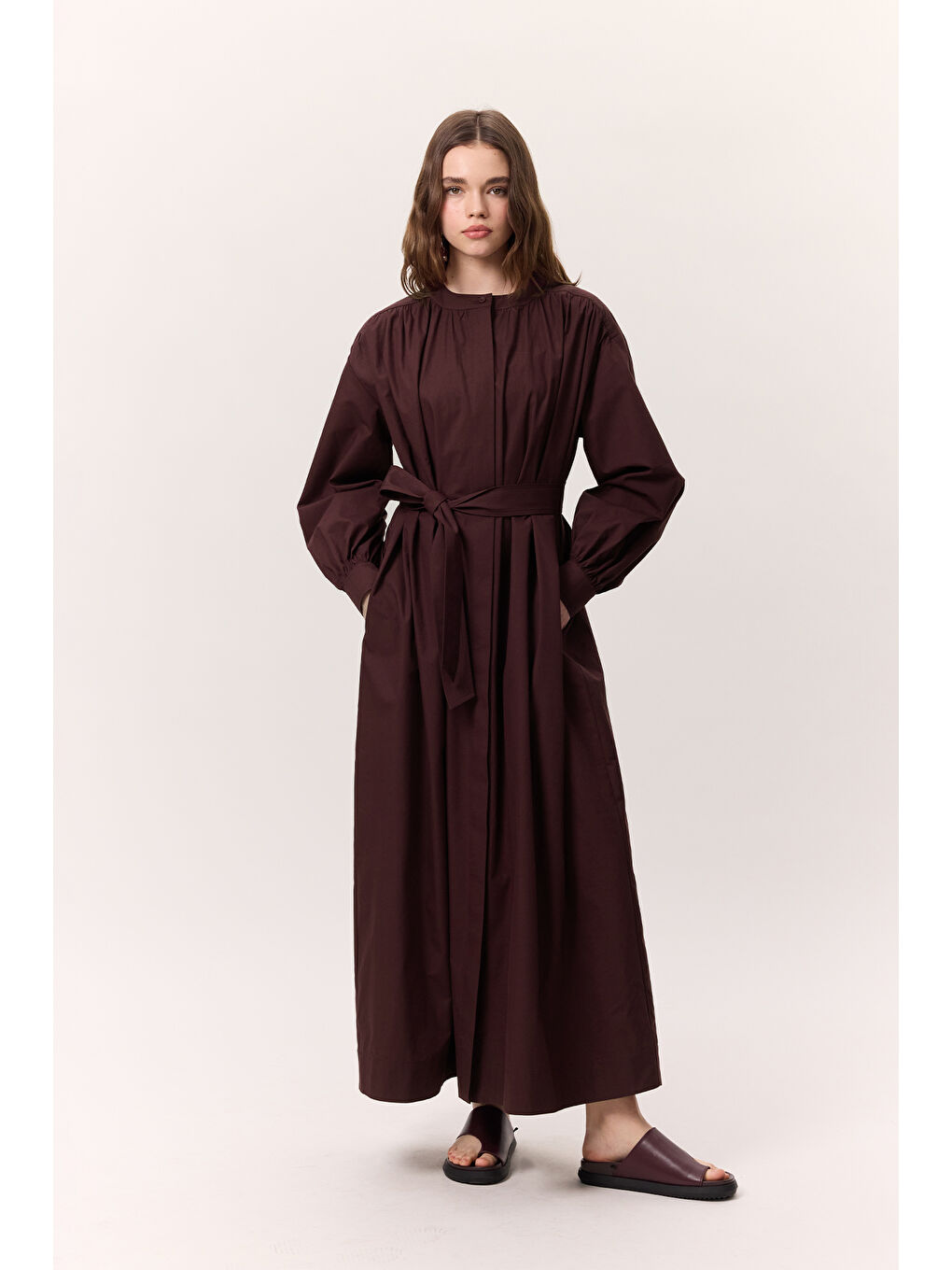 Büzgü Detaylı Geniş Gömlek Elbise Bordo-1