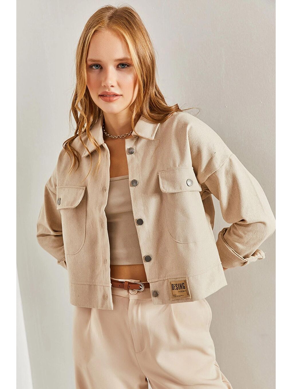 Bej Kadın Çift Cepli Gabardin Ceket