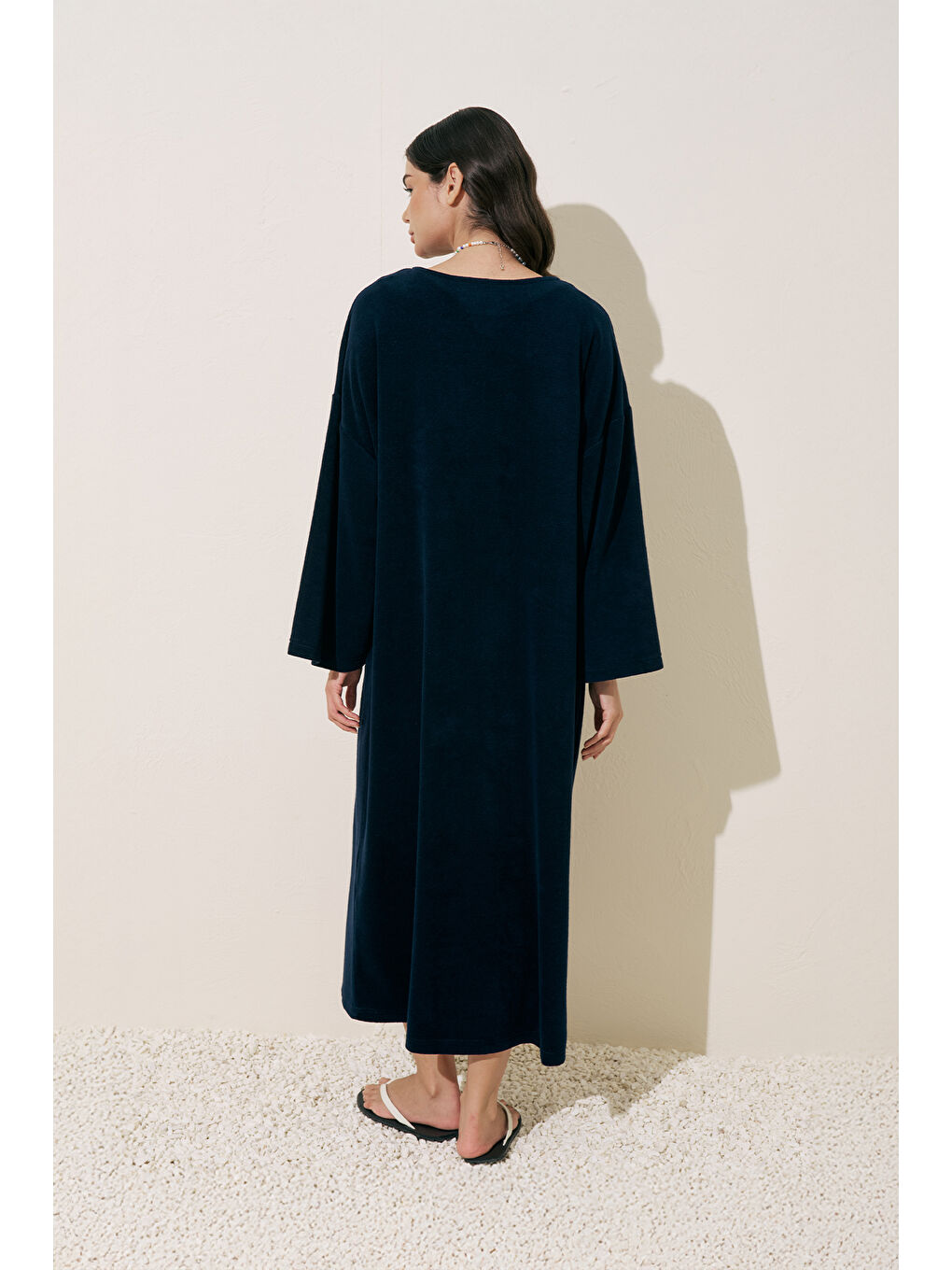 Havlu Kumaş Rahat Elbise Lacivert-5