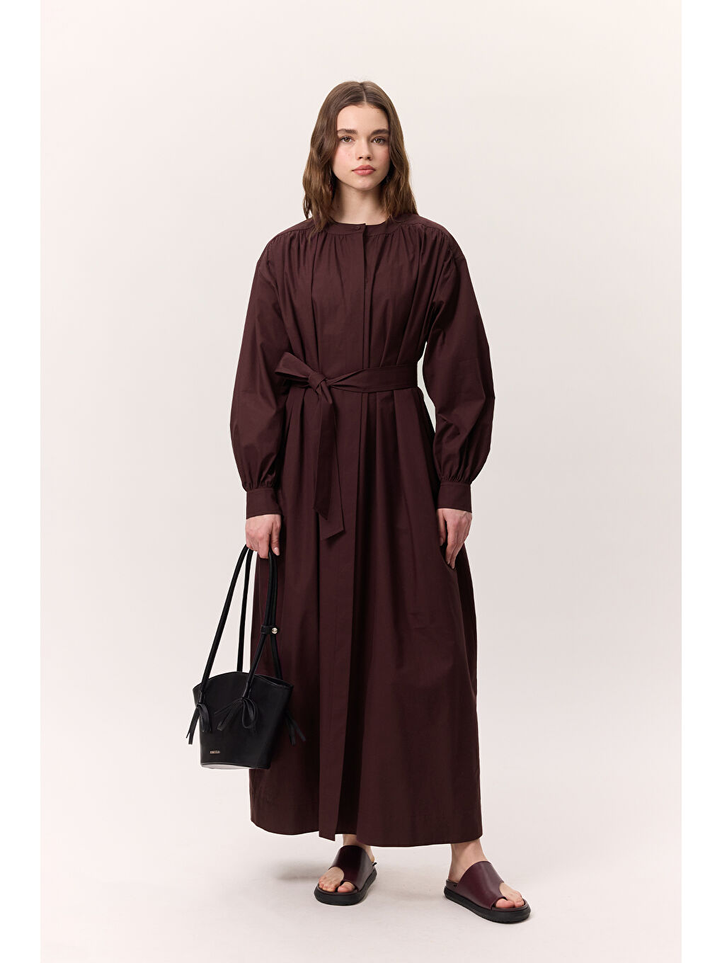Büzgü Detaylı Geniş Gömlek Elbise Bordo-2