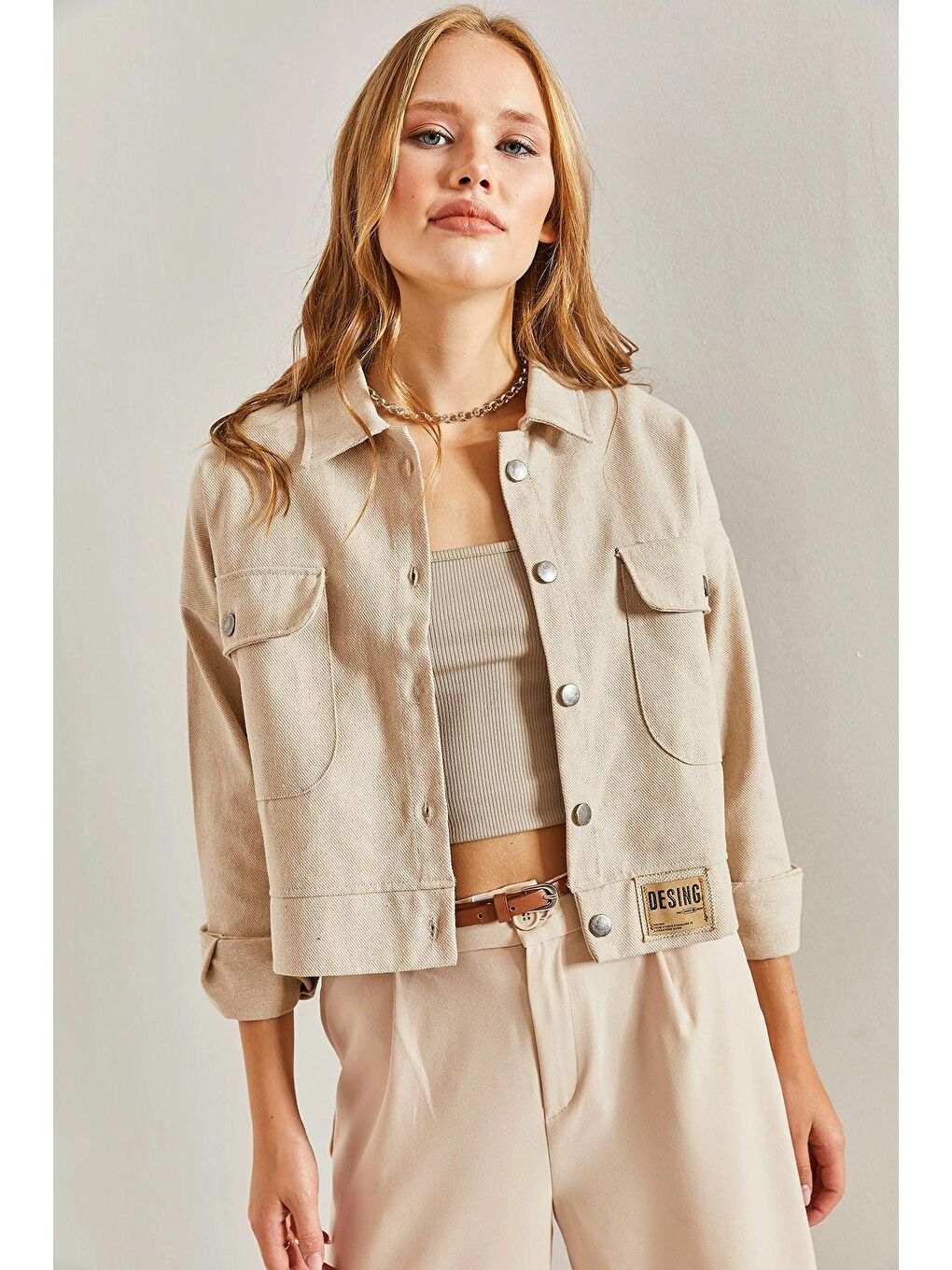Bej Kadın Çift Cepli Gabardin Ceket-1