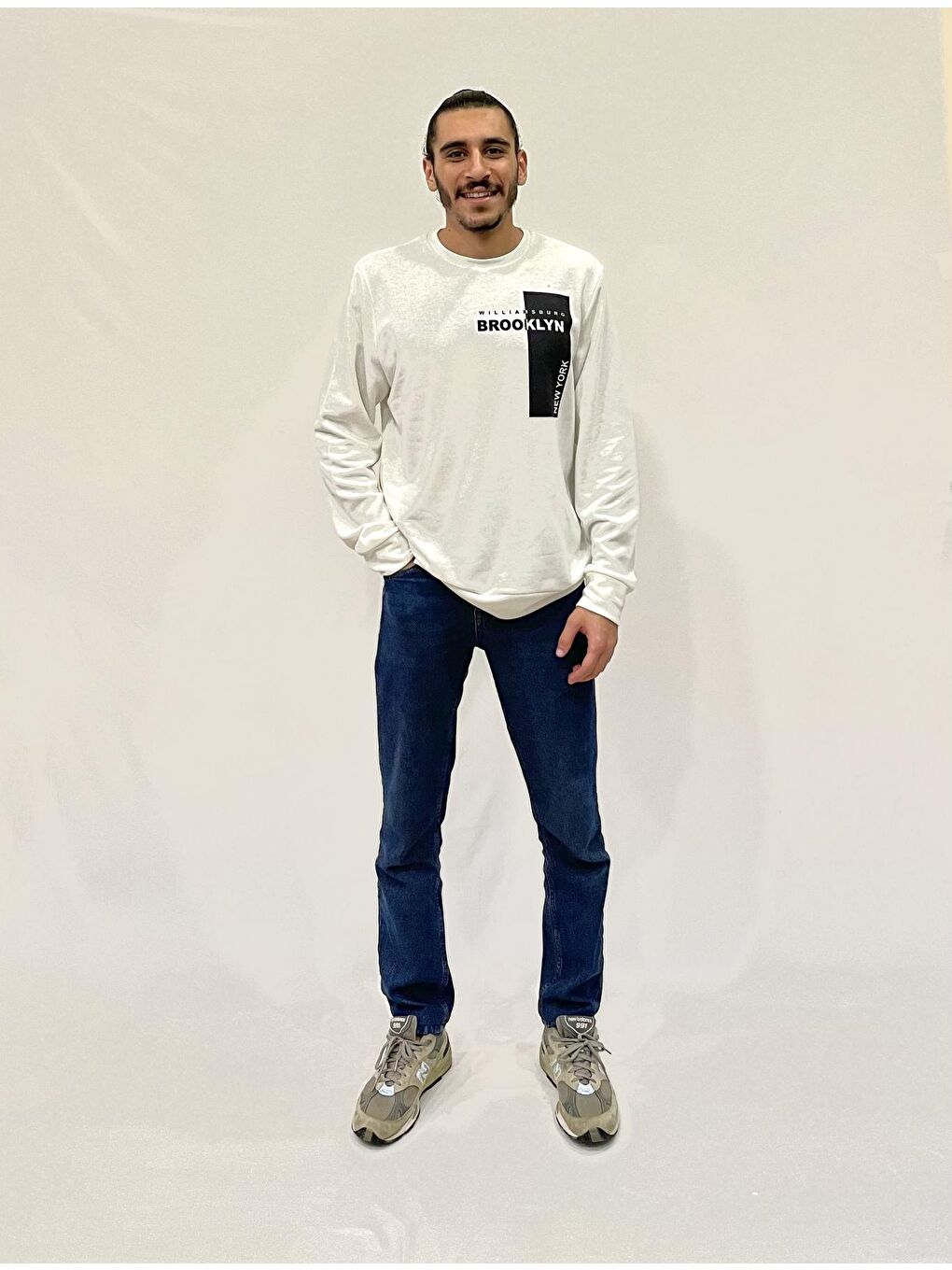 Süperlife Ekru Erkek Bisiklet Yaka Rahat Kalıp 3 iplik Kalın W.Brooklyn Baskılı Sweatshirt SPR24SW31