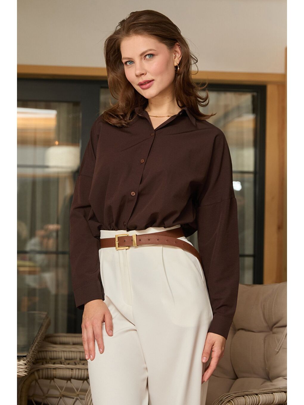 Kahverengi Basic Düğmeli Gömlek-2