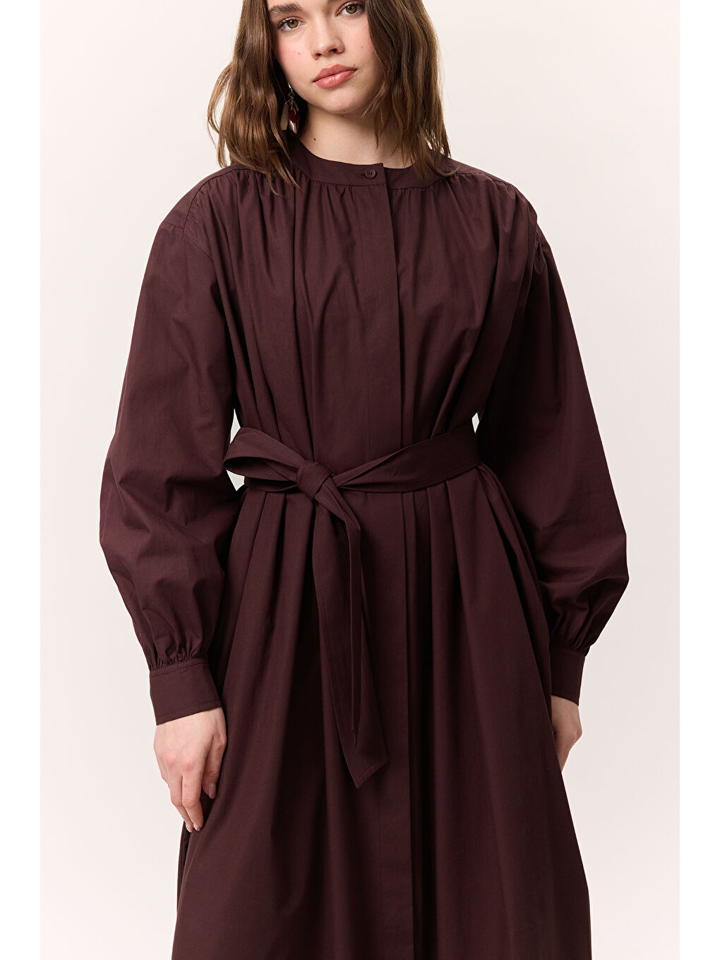 Büzgü Detaylı Geniş Gömlek Elbise Bordo-4