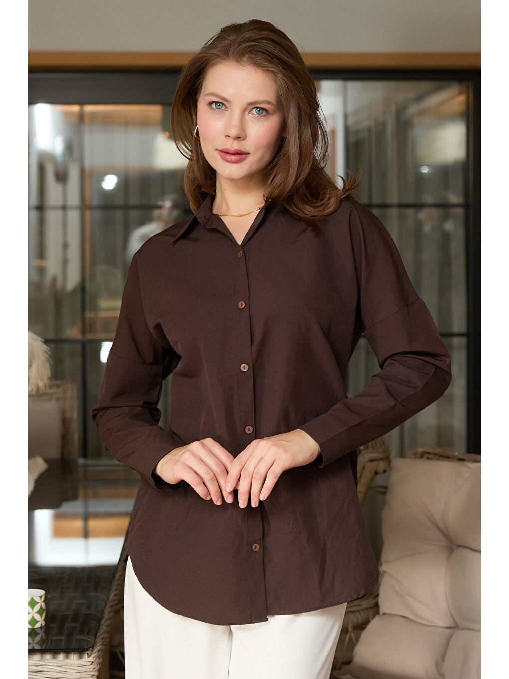 Kahverengi Basic Düğmeli Gömlek-4