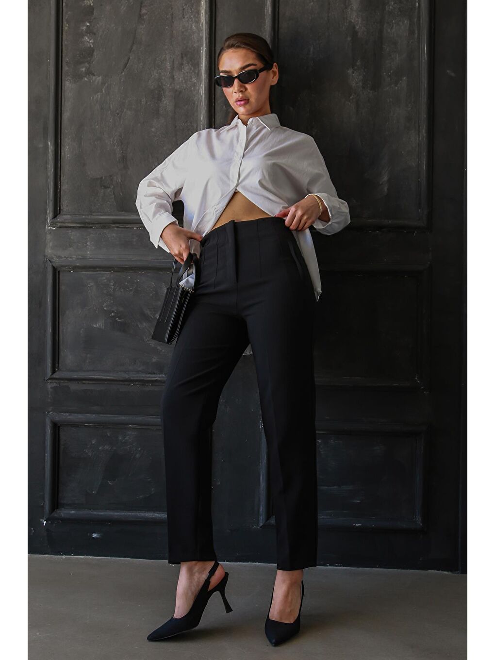 Siyah Önü Biyeli Yüksek Bel Kadın Pantolon Mg2425-6