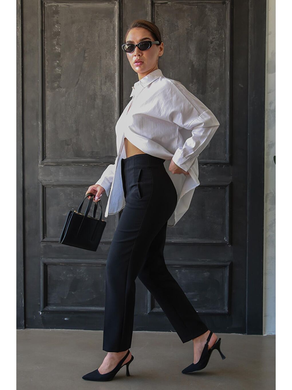 Siyah Önü Biyeli Yüksek Bel Kadın Pantolon Mg2425-7