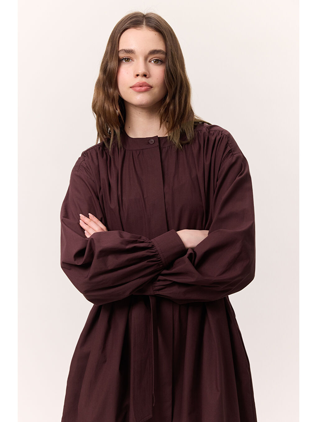 Büzgü Detaylı Geniş Gömlek Elbise Bordo-5