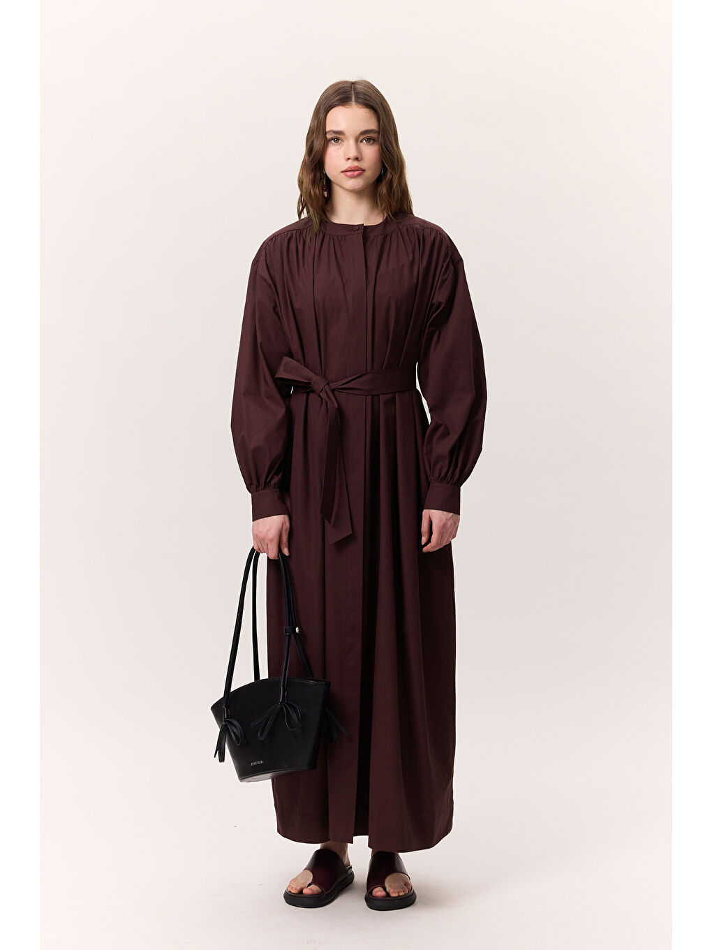 Büzgü Detaylı Geniş Gömlek Elbise Bordo-6