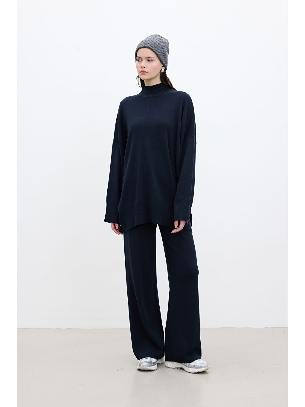 Oversize Yüksek Yaka Kazak Lacivert