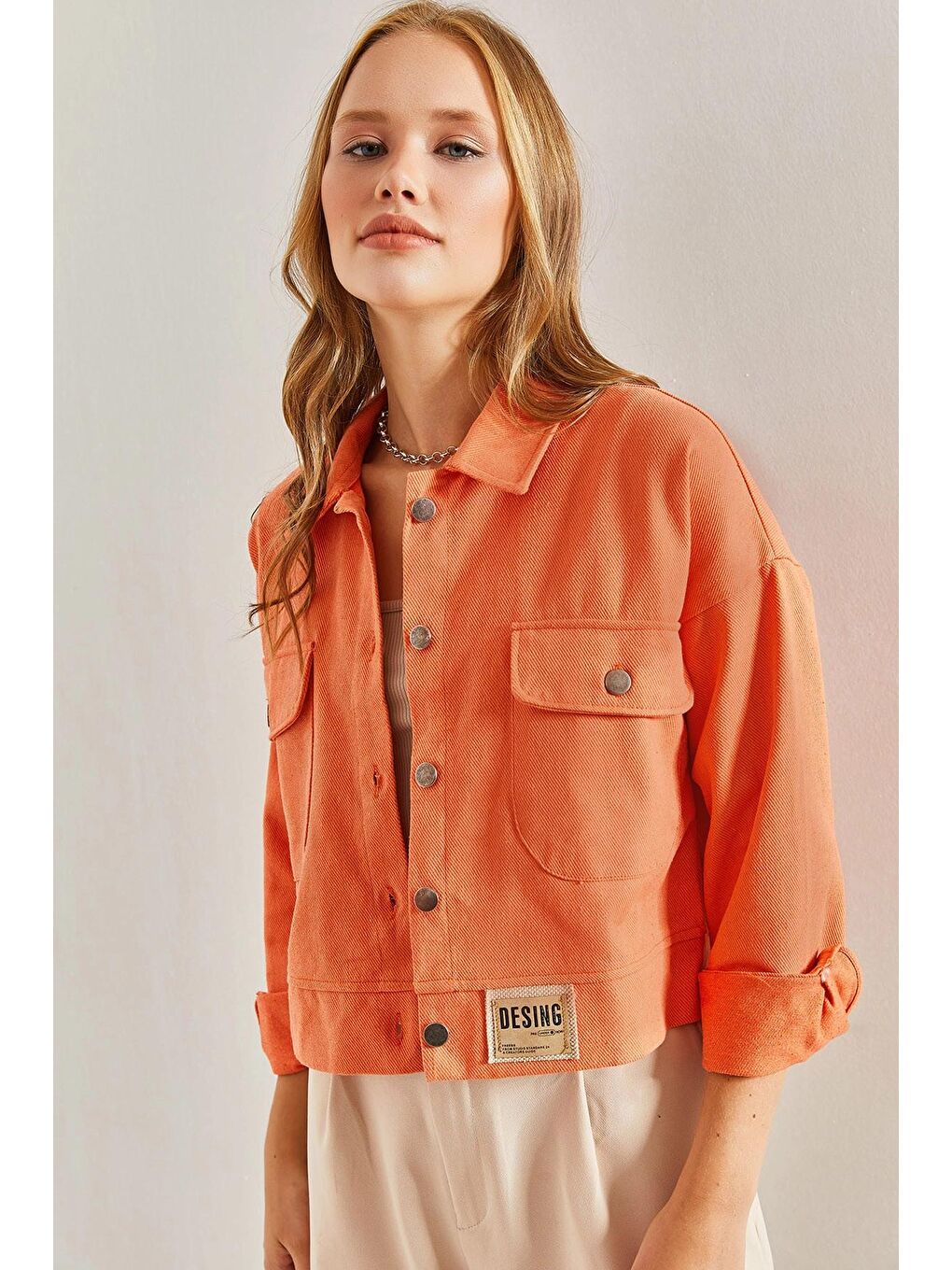 Turuncu Kadın Çift Cepli Gabardin Ceket