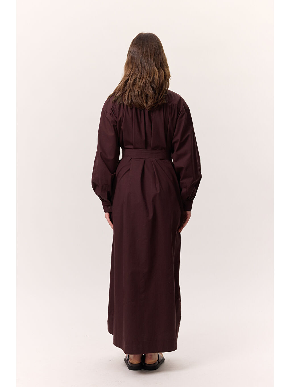 Büzgü Detaylı Geniş Gömlek Elbise Bordo-7