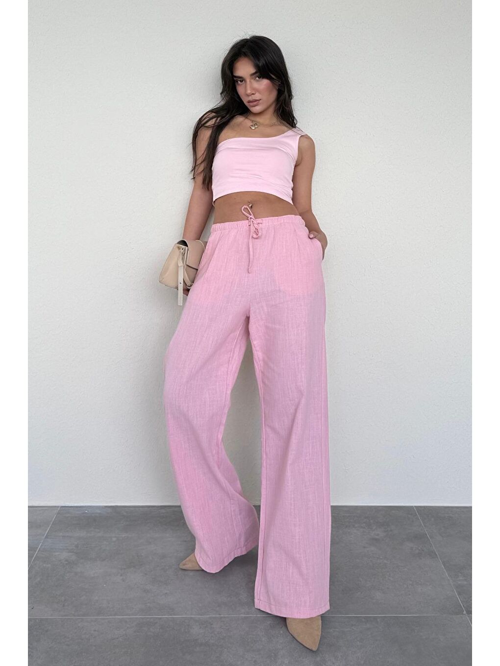 Pembe Beli Büzgülü Wide Leg Kumaş Pantolon Mg1950