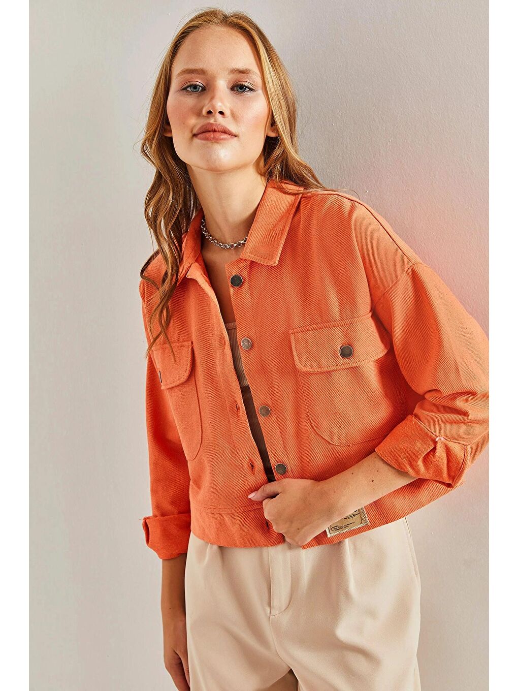Turuncu Kadın Çift Cepli Gabardin Ceket-1
