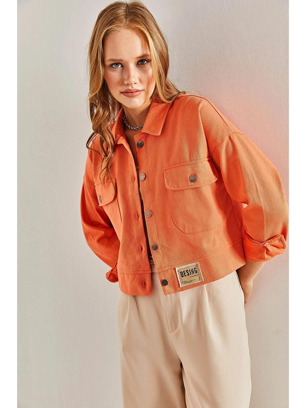 Turuncu Kadın Çift Cepli Gabardin Ceket-2